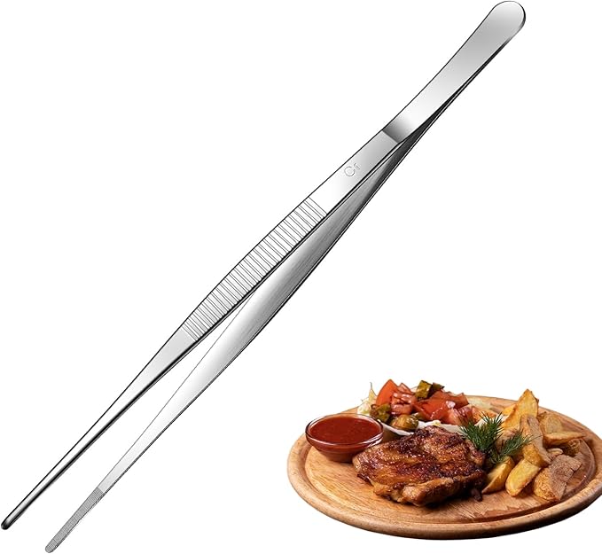 Aniso long tweezers with precision serrated kitchen tweezers tongs for barbecue and hand-made stainless steel cooking tweezers（10 inches）