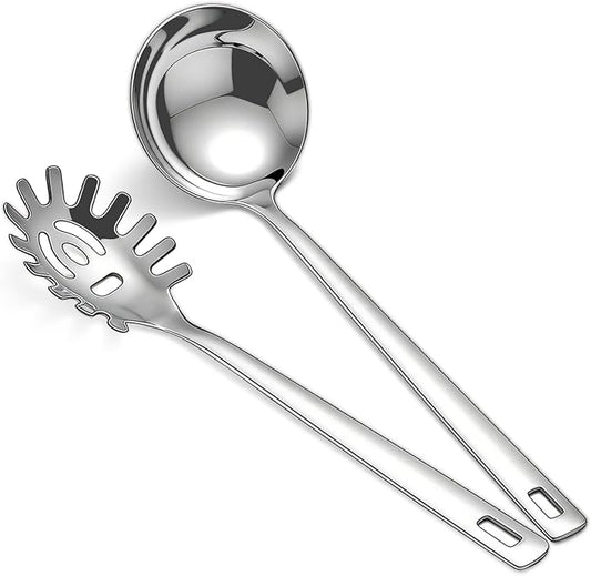 Berglander Kitchen Ladle Spoon and Spaghetti Spoon Set 2 pieces, Pasta Spoon Stainless Steel Kitchen Utensils for Cooking, Stirring, Serving Spaghetti, Soup, Sauce, Dishwasher Safe