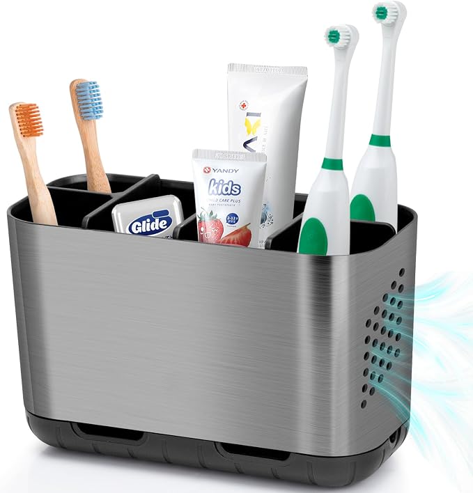 Boperzi Toothbrush and Toothpaste Holder Brushed Nickel Drainage for Bathroom Vanity, Large Electric Toothbrush Storage Caddy Anti-Slip Rustic with Adjustable Dividers for Family, Kids