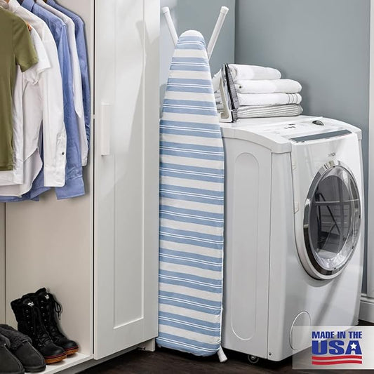 Full Size Ironing Board Made in USA – Blue Stripe by Seymour Home Products 4 Heavy-Duty Steel Legs Perforated Top for Steam Includes Cover & Pad Sturdy, Foldable Iron Board for Home & Laundry