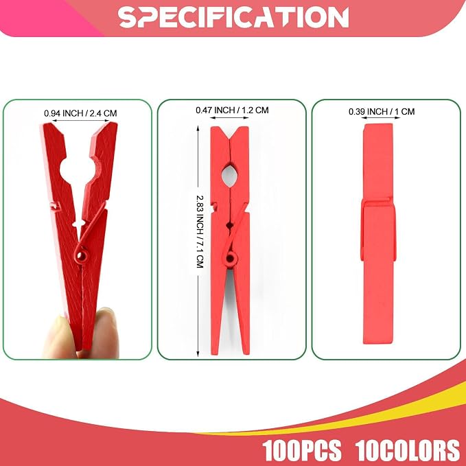 100 Pcs Red Clothes pins - 2.9 Inch Wooden Clothespins Cheer Clips | Vibrant for Crafts Classroom Decorations Clothing Pictures Laundry Solid Wood No Splinters Fade‑Proof