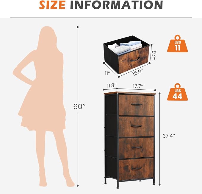 Sweetcrispy Dresser for Bedroom, 4 Drawer Storage Organizer for Closet | Small Fabric Dresser Cabinet, Chest of Drawers with Sturdy Frame, Tall Nightstand, Home Furniture, Rustic Brown