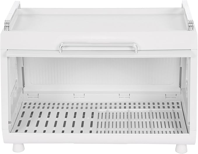 Dish Drying Rack with Lid Cover - 2-Tier Foldable Drain Board, 33lb Capacity Countertop Organizer for Plates, Bowls & Utensils, Space Saving Kitchen Storage (Clear White)