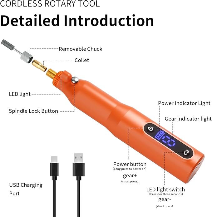 Cordless Rotary Tool Kit - 9-Speed Adjustable with USB Charging | Multi-Purpose Engraving Pen for Sanding, Polishing, Drilling & DIY Crafts | Includes 3D Printing Accessories (Orange with Light)