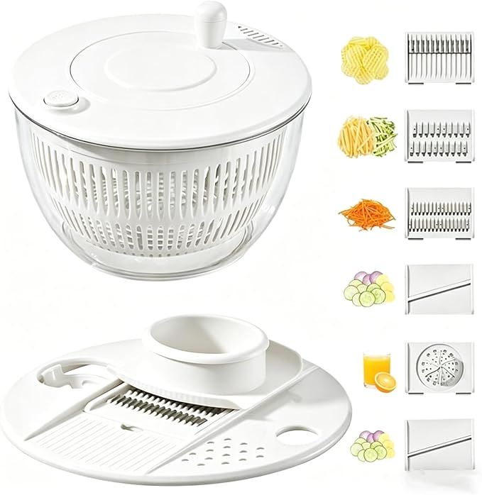 Ceruaxb Salad Spinner Chopper Large with 5 Blades Slicer, Vegetables Fruits Wash Bowl, Lettuce Spinner and Dryer, Egg Yolk Strainer Slicer Shredder for Kitchen Colander, 5.3 Qt, White