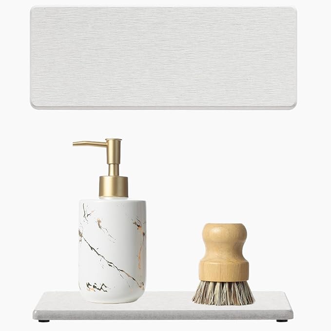 2PCS Bathroom Sink Vanity Trays, Water Absorbing Diatomite Stone Drying Soap Dish Dispenser for Kitchen Counter, Sponge Holder Mat Rack Faucet Splash Guard Caddy Organizer, Beige, 9"x3.5"