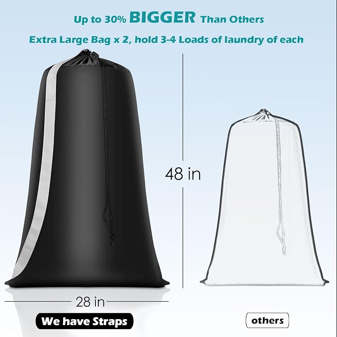 Coomee Heavy Duty Laundry Bag, 2 Pack XL Nylon Laundry Bags with Straps | Extra Large Laundry Bags, Drawstring Closure, Washable Large Dirty Clothes Organizer, Travel Bag Fits a Laundry Hamper