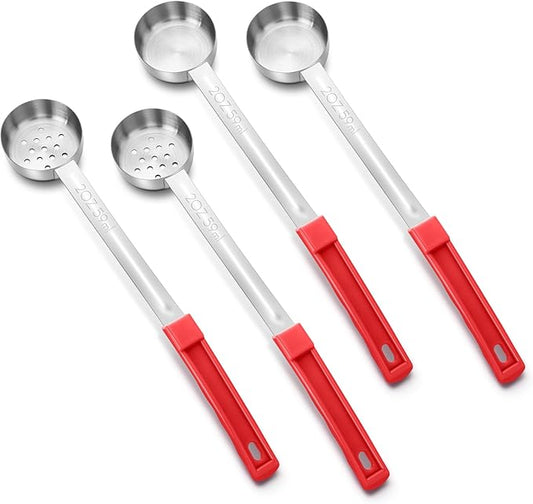 Teenyyou 4 Pcs Portion Control Serving Spoons Portion Control Spoons Ladle Scoops Food Measuring Utensils Proportion Manage Slotted and Unslotted Scoops for Weight Loss(Red,2oz)