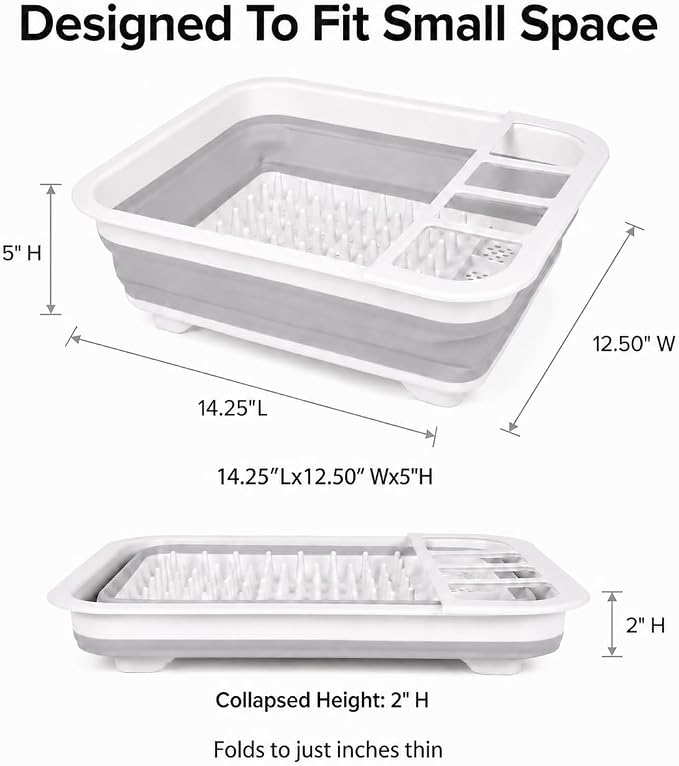 American Dream Collapsible Dish Drying Rack, Grey Foldable Kitchen Dish Drainer with Drain System, Space-Saving Organizer for Plates, Cups & Utensils