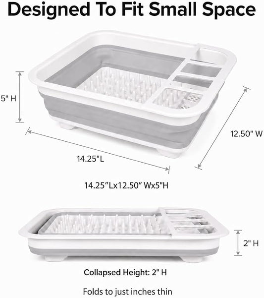 American Dream Collapsible Dish Drying Rack, Grey Foldable Kitchen Dish Drainer with Drain System, Space-Saving Organizer for Plates, Cups & Utensils