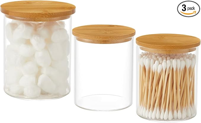 INIUNIK 3 Pack Glass Qtip Holder Dispenser, 20 oz and 11 oz Clear Glass Apothecary Jars, Bathroom Vanity Canisters Organizer Jars for Cotton Swabs, Balls, Rounds, Pads, Floss, Bath Salts