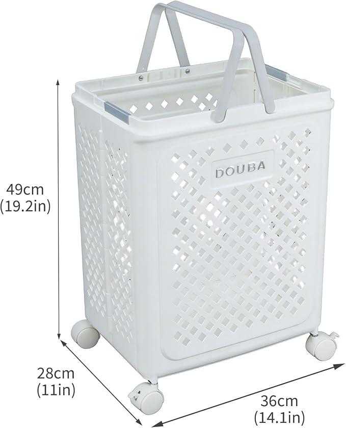49L Collapsible Laundry Baskets, Plastic Laundry Hamper with Handles, Foldable Laundry Bin, Laundry Basket with Wheels for Laundry Room Organization, Ideal for Clothes, Towels, Blankets, White