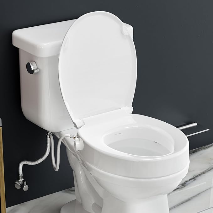 BIGCOW Raised Toilet Seat with Bidet - Round, Soft Close, 3" Height - Dual Nozzle (Frontal & Rear Wash) with Adjustable Cold Water Pressure and Stainless Steel Inlet (Round)