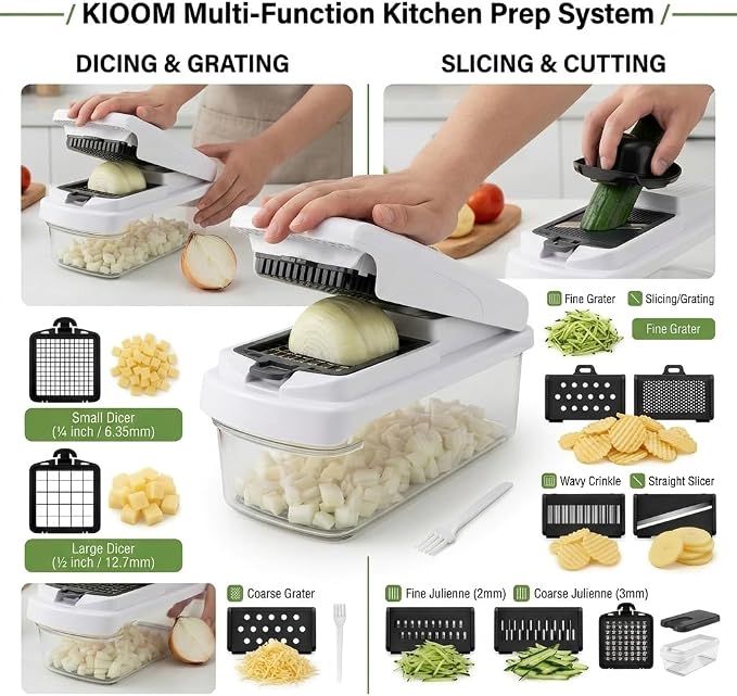 Vegetable Chopper 15 in 1 with Container – Mandoline Slicer, Onion Chopper Dicer, Food Chopper, Cheese Grater & Veggie Slicer for Kitchen Meal Prep | KIOOM