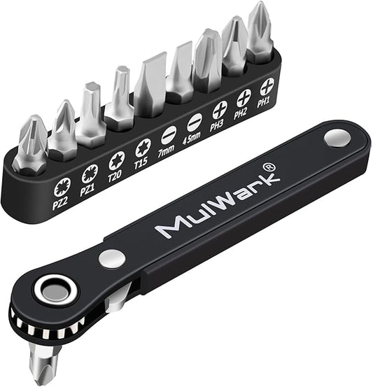 MULWARK 11-Piece Small Screwdriver Set, 1/4" Right Angle Screwdriver with Multi Bits - Ultra Low Profile Offset Driver for Automotive Repair, Electrical Work, Bicycle & Household Maintenance EDC Kit