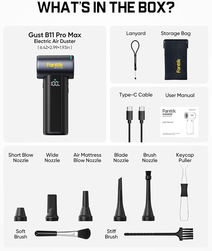 Fanttik B11 Pro Max Electric Air Duster (Black) | 150000RPM Brushless Motor, 100-Speed Adjustable, One-Tap Booster, 28.08Wh Rechargeable Battery for PC, Car & Home