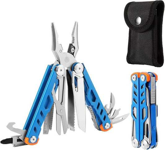Pocket 15-in-1 Multi tool Pliers with Safety-Lock and Sheath (Blue) | EDC Pocket Knife,3mm Wire Cutter, Saw,Bottle Opener, Screwdriver, Must-have for Survival and Out-door, Gifts for Men