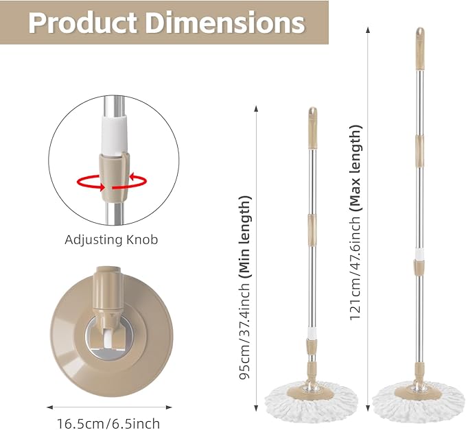 Spin Mop Replacement Handle, 47.6-inch 360 Degrees Rotating Telescopic Replacement Mop Stick with a Robust Stainless Steel Disc for Spin Mop Bucket Cleaning System (Stainless Steel Disc,Khaki)