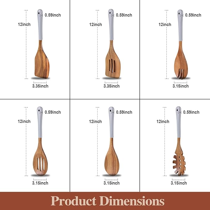 Wooden Spoons For Cooking, 6 Pieces Natural Acacia Wooden Cooking Utensils or Non-Stick Wooden Kitchen Utensil Set for Kitchen Essentials, Wood Cooking Utensils Set with Hanging Hole, Grey