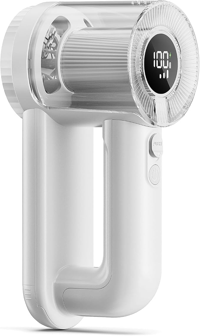 Rechargeable Fabric Shaver, 2-in-1 Lint Remover with 6-Blade | For sweaters, blankets, coats and cloth upholstery, with 200ml container, LED display, USB-C charging and 3 speeds