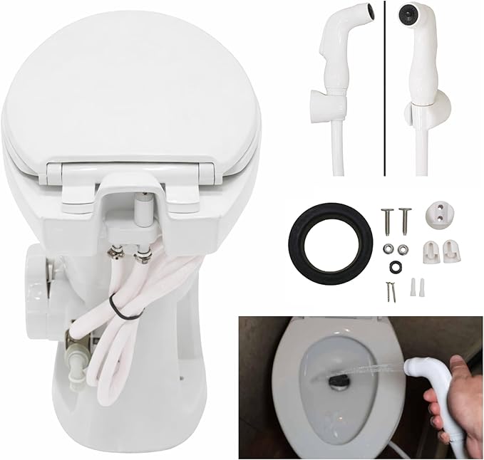 SEAFLO Porcelain RV Toilet with Sprayer Attachment - Elongated Bowl 19” Inch Residential Height, Gravity Flush, Foot Pedal Soft Close Seat Camper Motorhome Easy Install 4 -year Warranty SFRTCH-02-02