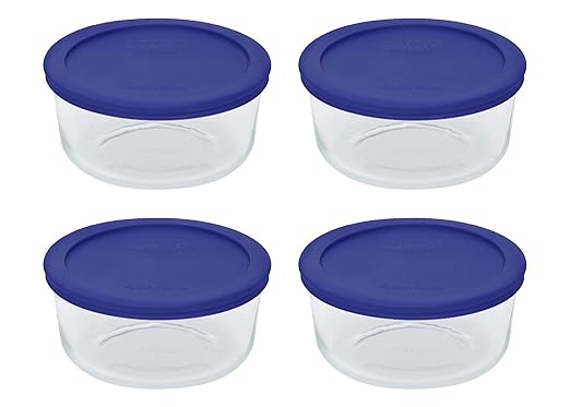 Pyrex 7201 4-Cup Glass Bowls & Cadet Blue Lids (4-Pack) - Made in USA | Tempered Construction | BPA-Free Plastic | Freezer Safe | Top-Rack Dishwasher Safe | Meal Prep & Kitchen Organization