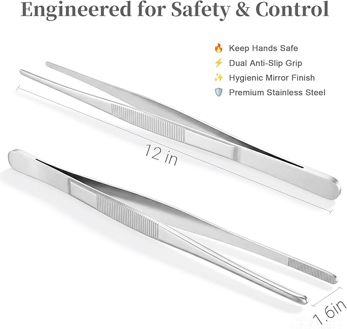12-Inch Kitchen Tongs & Tweezers, Premium Cooking Utensils for Grilling, BBQ & Meat Handling, Stainless Steel Tong & Tweezer for Home Kitchen 1Pcs HULZJIL