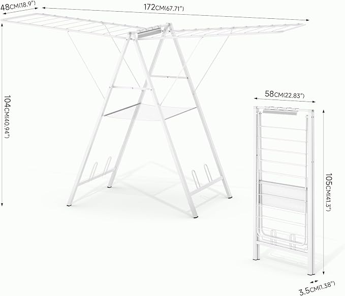 APEXCHASER 6 Height Adjustable Clothes Drying Rack with Shoe Slots, White | Pre-Assembled, Stable Load Structure, 22 Drying Rails, Foldable Space-Saving For Efficient Indoor & Outdoor Airflow Drying