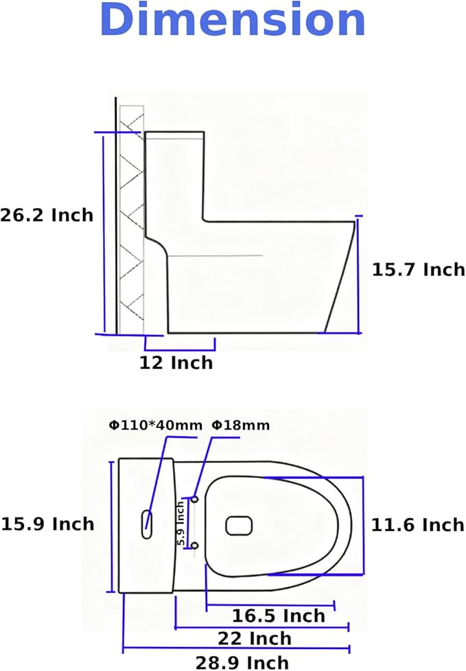 One Piece Toilet 12'' Rough Inch- High Efficiency Water Saving Ceramic Toilets with 15.7" Comfort Chair Seat 1.1/1.6 GPF Dual Flush and Easy to Clean Toilet Bowl 15.9''x26.2''x28.8''