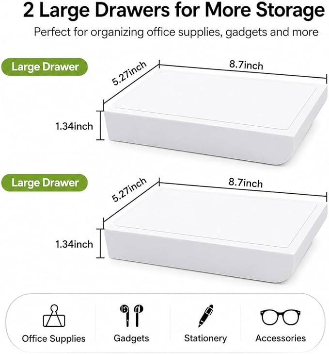 Under Desk Drawer, 2 Pack Self Adhesive Slide Out Desk Storage Drawers | Hidden Desk Drawer Organizer Attachment for Pens, Notes, Earbuds, Cables and Small Office Accessories, White