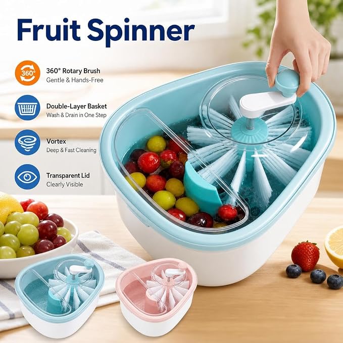 Fruit Cleaner Spinner Detachable Double Layer Drain Basket, 360 Rotary Brush Hands Free Deep Cleaning Vegetable Washer for Home Kitchen Berry Grape Cherry Washing Draining