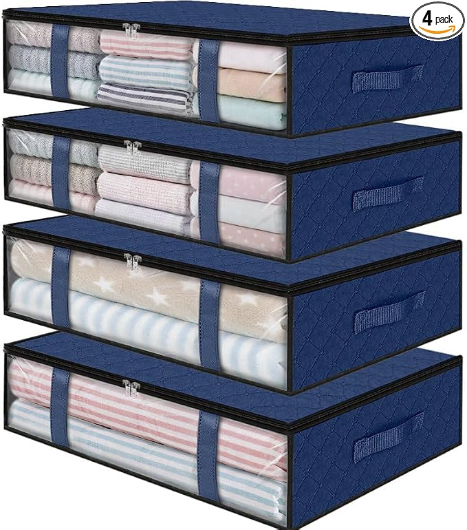 StorageRight Under Bed Storage Bags, 4 Pack, 40L, Blue | Breathable Non-Woven Fabric with a Clear Window and Zippered Top for Clothes, Comforters, Blankets and Seasonal Storage