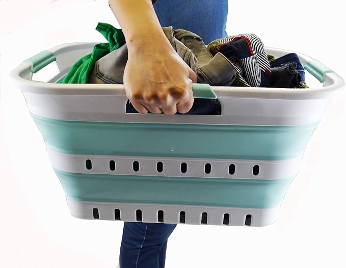 SAMMART Set of 2-30L (8 gallon) Collapsible Plastic Laundry Basket - Foldable Pop Up Storage Container/Organizer - Space Saving Hamper/Basket (2, White/Lake Green)