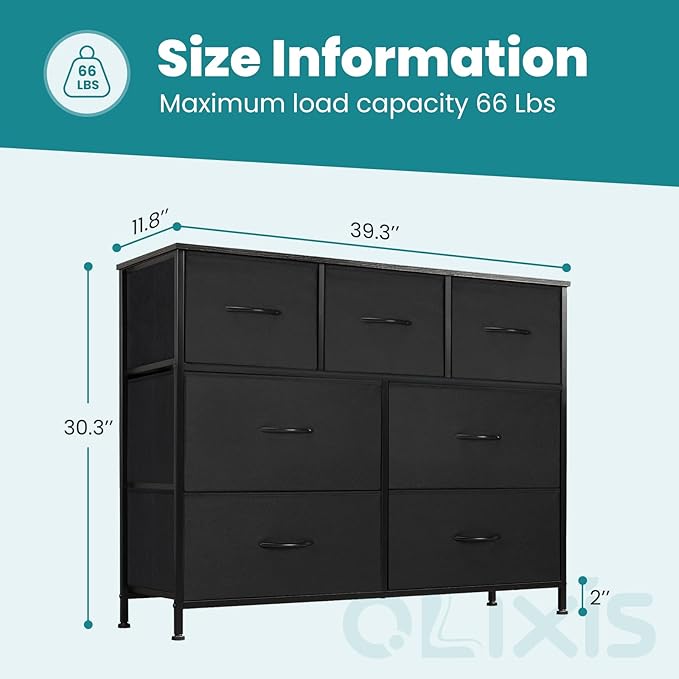 OLIXIS Black Dresser for Bedroom with 7 Fabric Drawers Storage Organizer | Wardrobe Closet for Clothes Storage, Cabinet Vertical Dresser for Living Room, Entryway Hallway