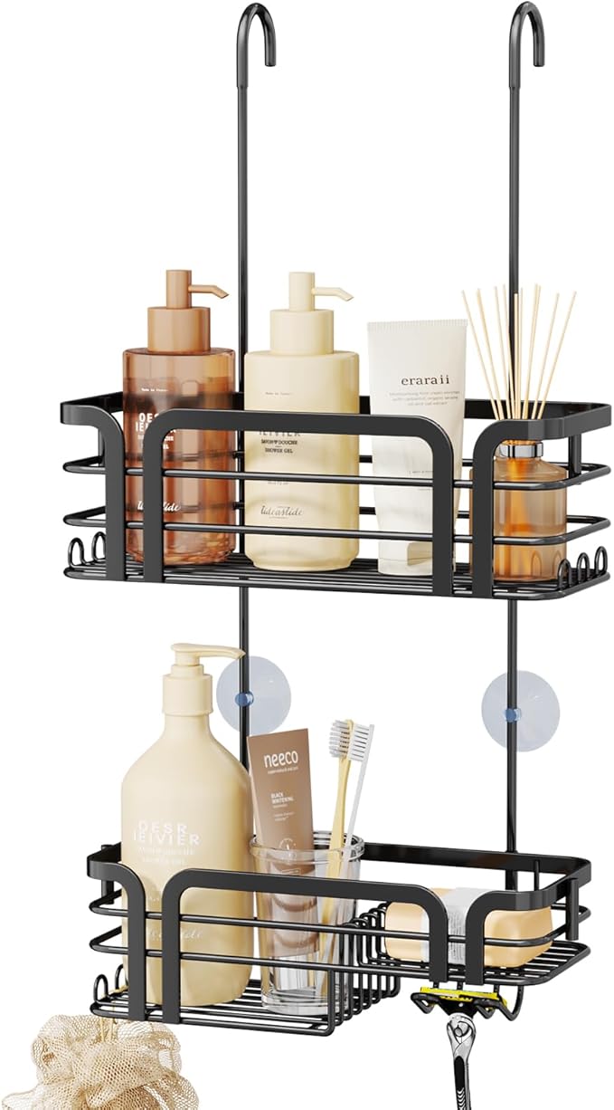 SWTYMIKI Shower Caddy Hanging Organizer - Over the Door Shower Caddy with Soap Holder, 11 Hooks, 2 Installation Ways, Stainless Steel Rustproof Bathroom Organizer, Black
