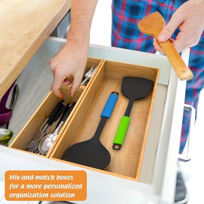 Bamboo Kitchen Drawer Organizer 9"x 3", Storage Box for Utensil Organizer | Wooden Silverware Tray Cutlery Holder Flatware Containers, Multi-Use Deep Drawer Dividers Organizer for Bathroom, Jewelry
