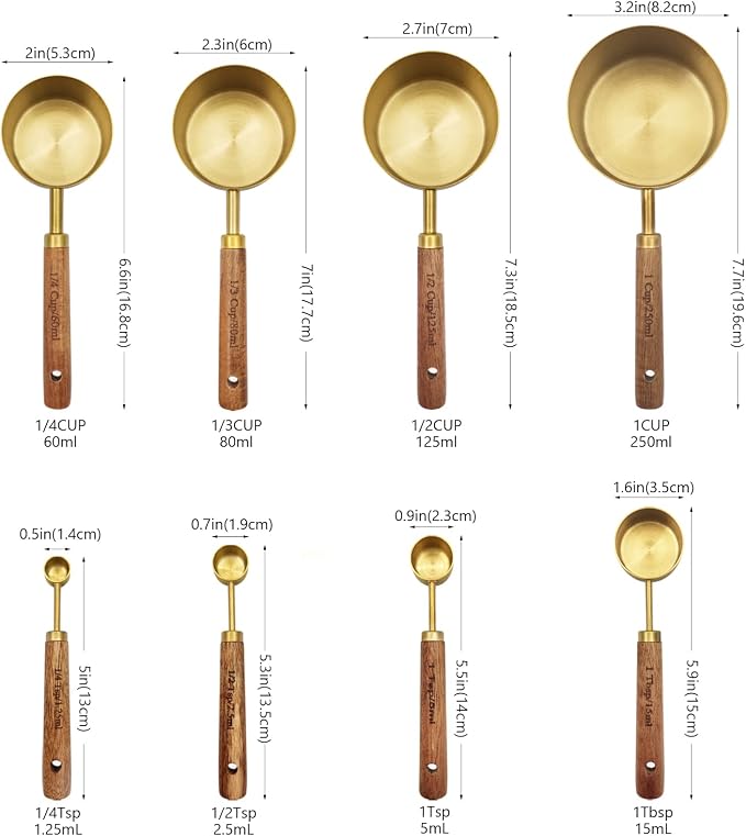 Gold Measuring Cups and Spoons Set with Fragrant Wood Handle, Measuring Cups, Metal Measuring Spoons and Measuring Cup Set for Cooking & Baking, Set of 8 pcs