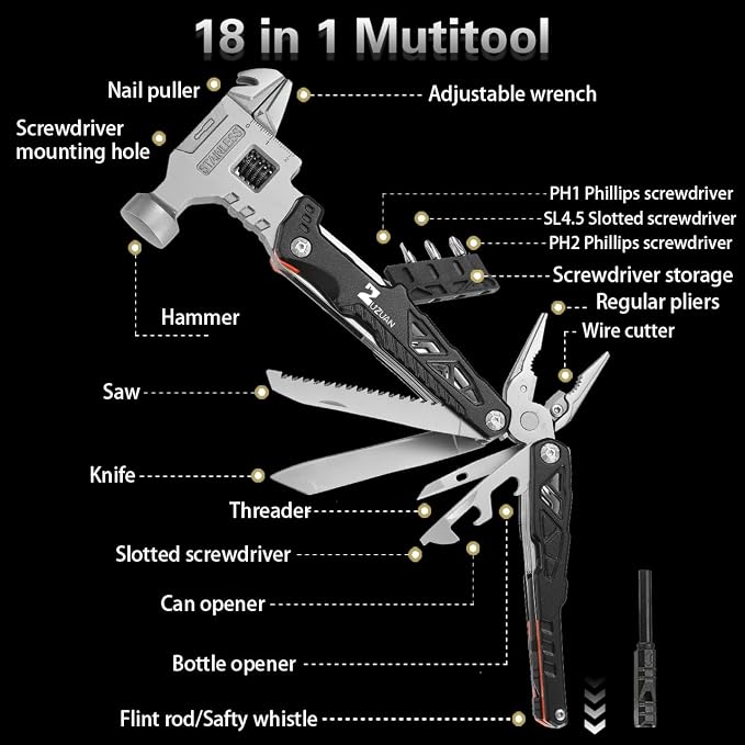 18in1 Multitool,Black,with Replaceable Blades Wire Cutters for Gift | Stainless Steel Pliers Lightweight and Portable,Comprehensive Tool for Outdoor Activities,Apply to Survival,Camping & Hunting