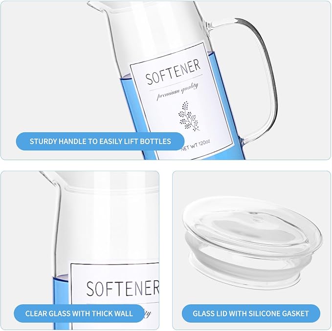 Glass Laundry Detergent Dispenser with Labels & Handles, 2 Pack | 50 oz Glass Containers, Waterproof Labels, Easy Pour Design, Laundry Room Organization, Laundry Detergent & Fabric Softener