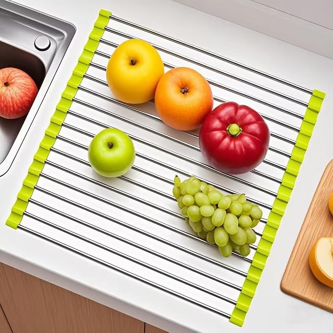 Roll Up Dish Drying Rack, Stainless Steel and Silicone Dish Drying Mat Over The Sink Foldable Drain Rack Multipurpose Dish Drainer for Kitchen, 14.5” x 14”, Green