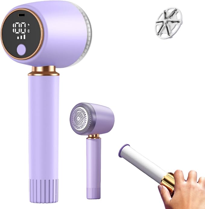New Fabric Shaver and Lint Remover 2-in-1, Rechargeable Electric Clothes Defuzzer with LED Display, 6 Blades & 3 Speeds for Sweater, Blanket, Furniture (Purple)
