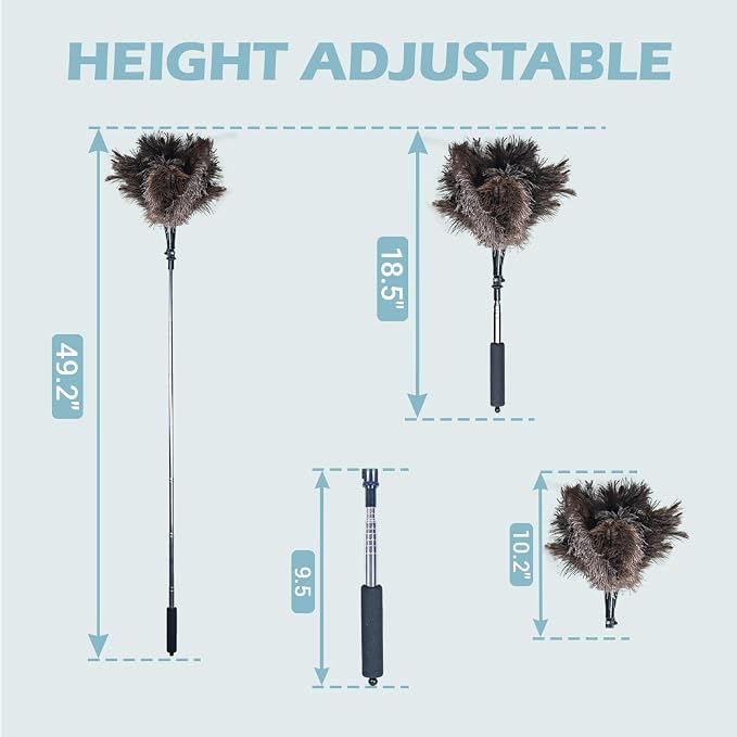 Feather Duster Extendable 22–47 Inch, Natural Ostrich Feather Duster with Long Handle for High Ceilings, Ceiling Fans, Walls，Furniture(Brown)