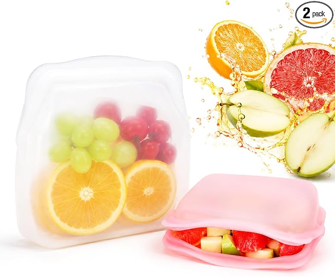 Everbag Silicone Storage, Everbag Food Storage Bags, Reusable Storage Bags, Leak-Proof Upright Freezer Bags (White+Pink)
