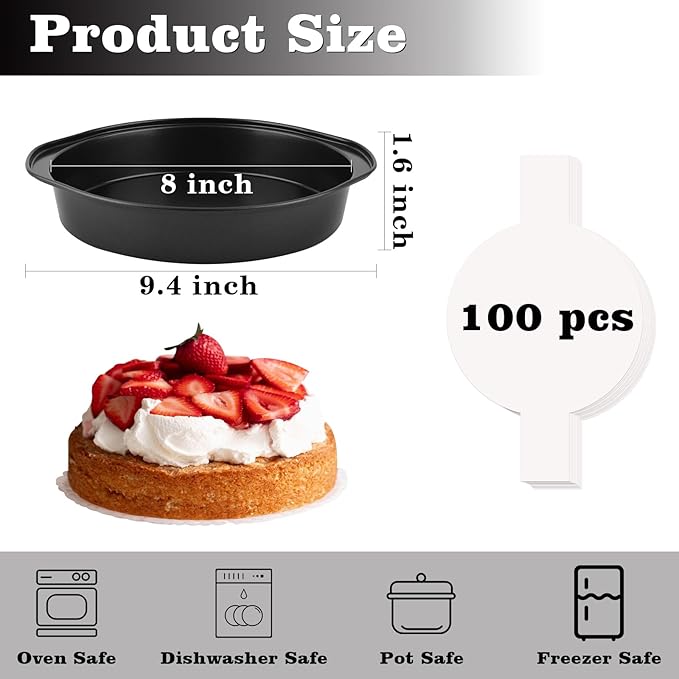 HUAKENER 3 Pcs 8 Inch Round Cake Pans with 100 Pieces Parchment Paper | Carbon Steel Cake Pans, Non-stick Cake Baking Pans with Handle, Dishwasher Safe