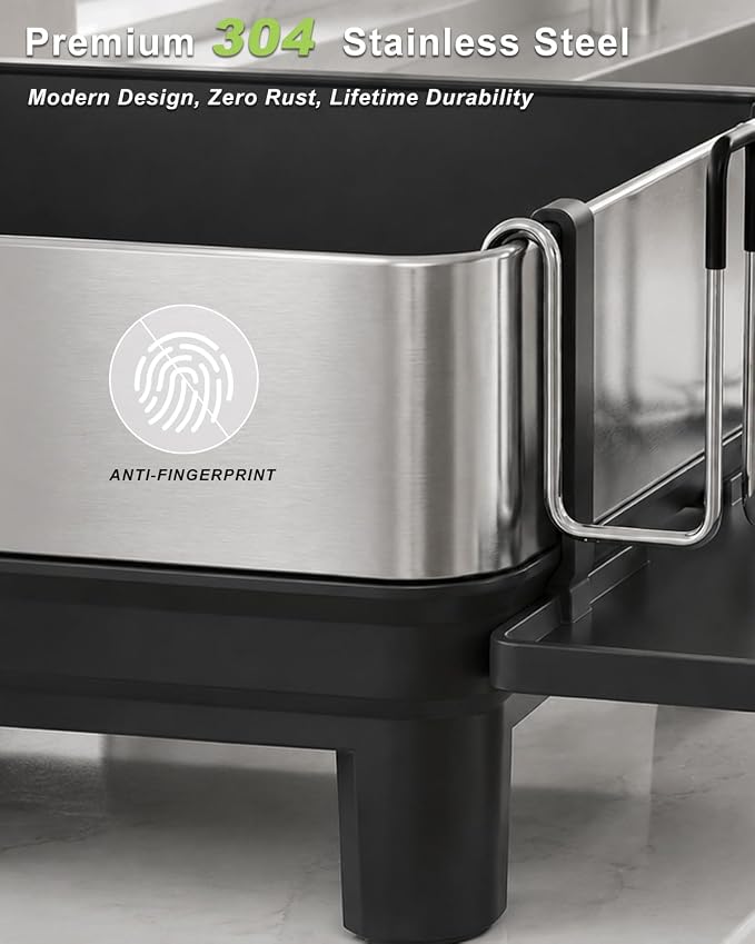 Dish Drying Rack, 304 Stainless Steel Dish Rack and Drainboard Set, Rustproof Dish Drainer with Anti-Pooling Automatic Drainage, Large Capacity Kitchen Counter Organizer, Black