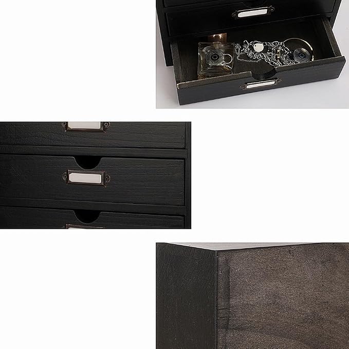 Small Wooden Drawers Wooden Box with Drawer Black | 3 Drawer Storage Box for Apothecary Cabinet, Apothecary Drawers，Desktop Organizer with Metal Handles for Office，Home