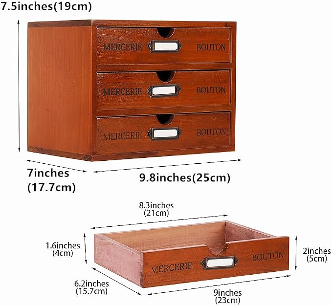 Small Wooden Drawers Wooden Box with Drawer Brown | 3 Drawer Storage Box for Apothecary Cabinet, Apothecary Drawers，Desktop Organizer with Metal Handles for Office，Home