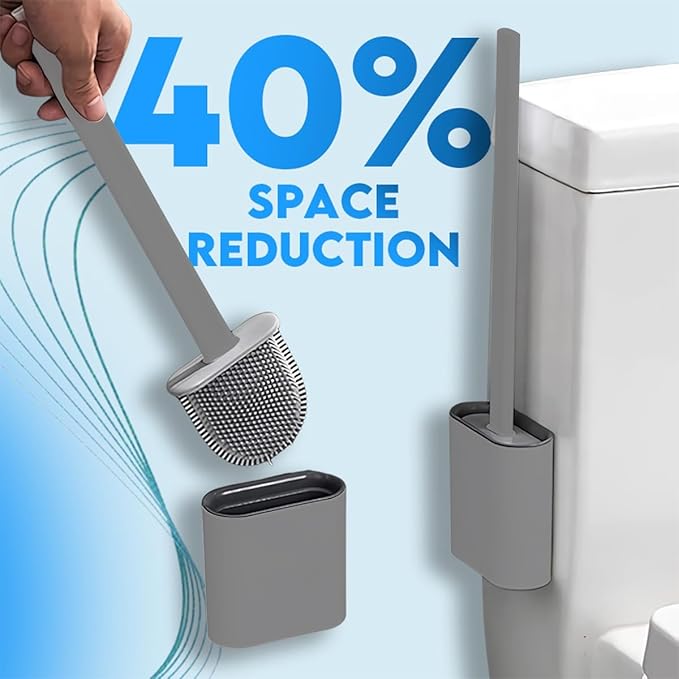 Modern Minimalist Silicone Grey Toilet Brush and Holder Set – Pack of 1 Wall Mounted Toilet Bowl Brush – Long Non-Slip Handle, Flexible Bristles for Self-Cleaning & Splash-Free, Easy-Rinse Design