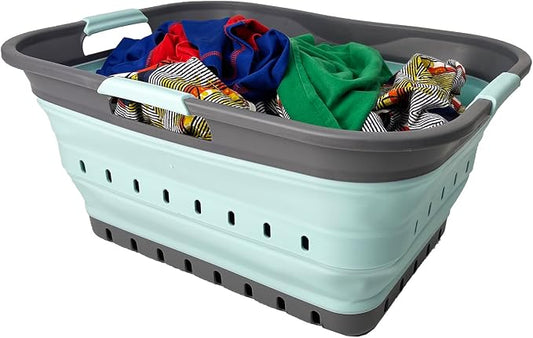 SAMMART 42 (11 Gallons) Collapsible Plastic Laundry Basket, Foldable Pop Up Storage Container/Organizer, Space Saving Hamper, Portable Bin for Dorm Room Bathroom (1, Grey/Lake Green)