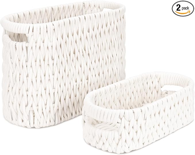 Boho Toilet Paper Storage Baskets, Cotton Rope Woven Bathroom Basket Set of 2, Standing Toilet Paper Holder for 6 Mega Rolls,Storage Bins for Toilet Tank Top, Bathroom Organizer Decor (White 2 Pack)